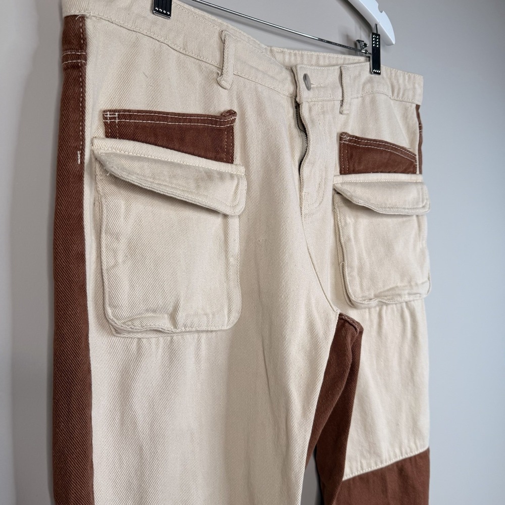 Unisex Ultra High Waisted Patched Denim Dad Jean Brown/beige Size 36X28 - Picture 4 of 16